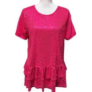 Southern Stitch Pink Sequin Ruffle Peplum‎ Top Small Party Glam